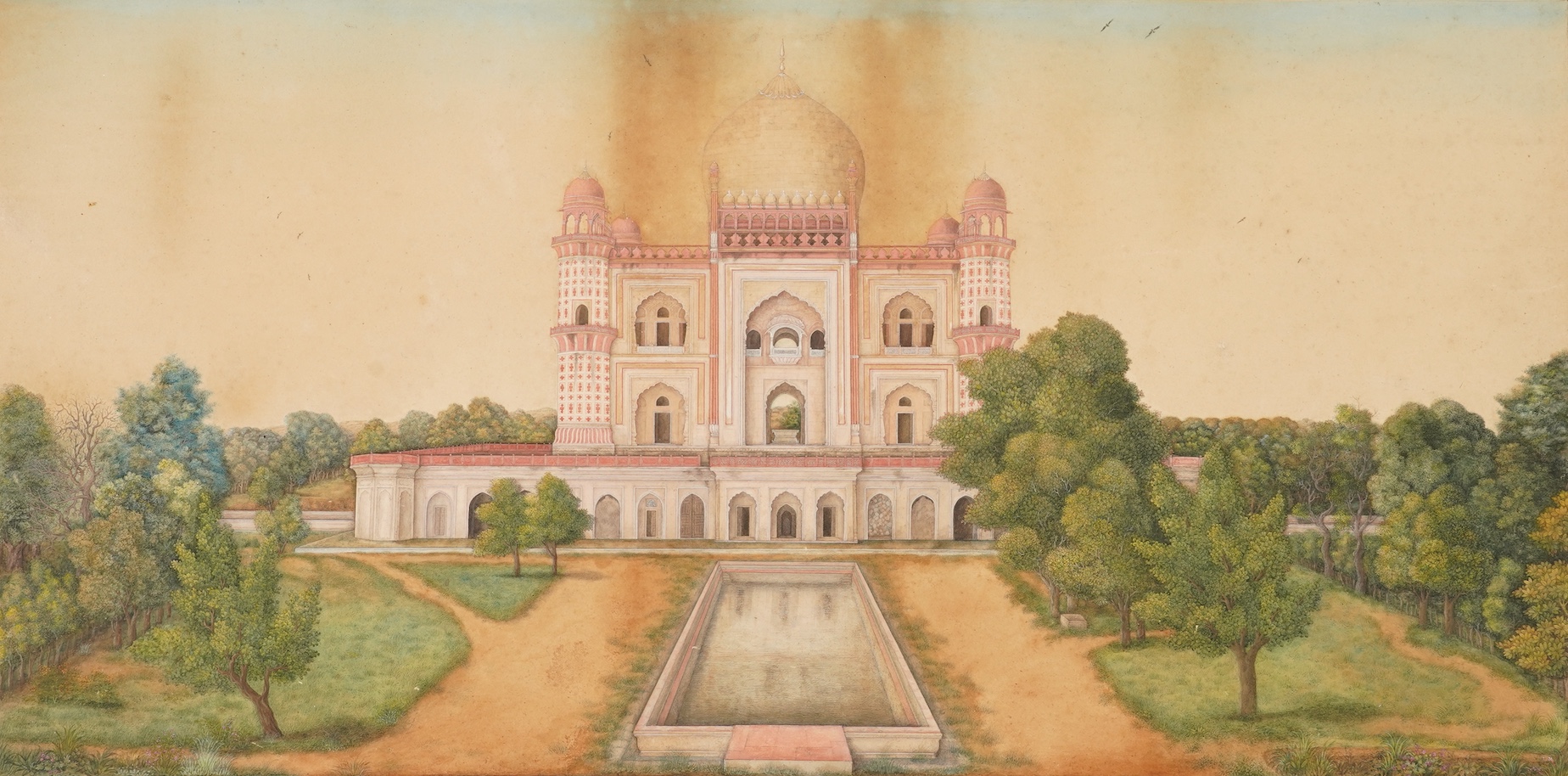 Indian School , (first half 19th century), Safdarjang's tomb, New Dehli, Gouache miniature painting, image 28cm x 56.2cm, staining
